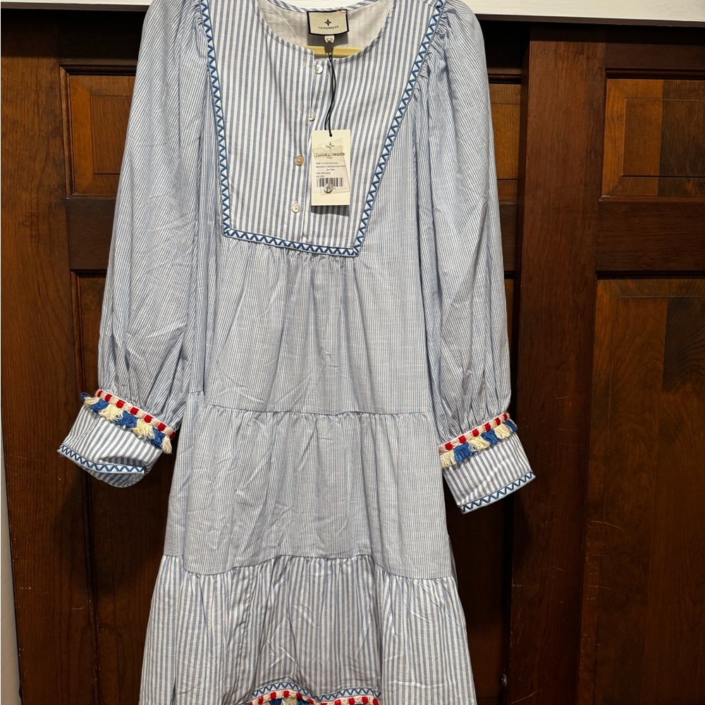 Tuckernuck Blue Striped Dress with Pom-Pom Accents